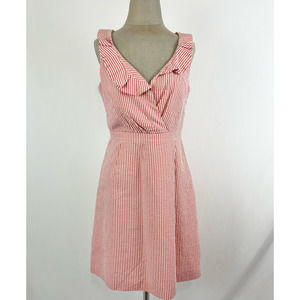 JCrew Salmon Pink and White‎ Seersucker Striped Sleeveless Ruffle Wrap Dress S/4